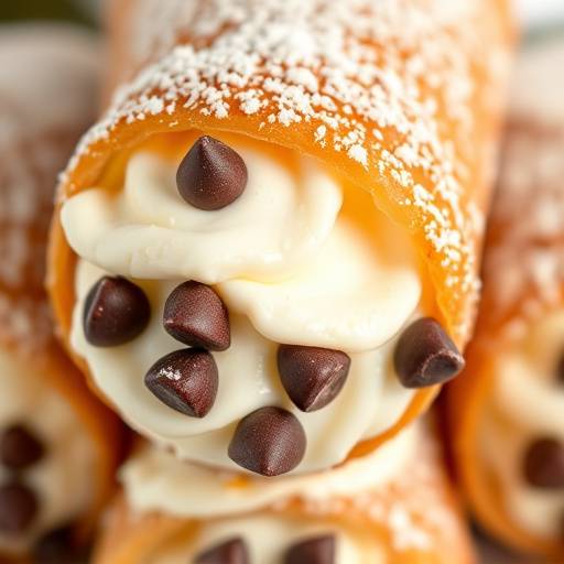 A close-up shot of freshly made cannoli filled with sweet ricotta cream and chocolate chips.