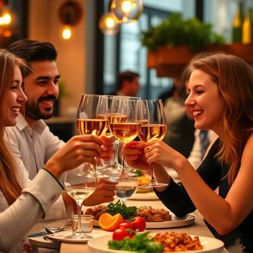 A large group of happy customers toasting with wine glasses at Gastronomia Italiana.
