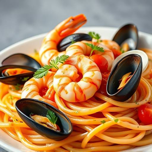 A vibrant plate of seafood pasta with shrimp, mussels, and clams in a light tomato sauce.