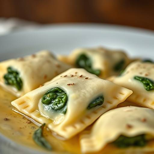 Close-up of a plate of homemade ravioli with ricotta and spinach filling, drizzled with butter and sage.