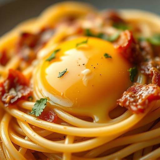 Close-up of Spaghetti Carbonara with pancetta and egg yolk.