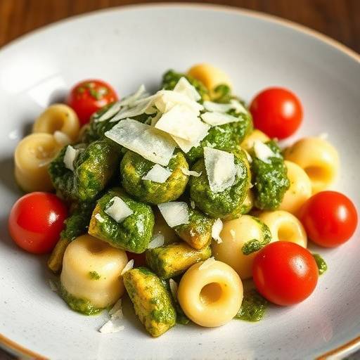 Gnocchi with pesto sauce, cherry tomatoes, and parmesan cheese, plated beautifully.