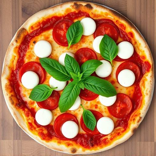 Overhead view of a Margherita Pizza with fresh basil and mozzarella.