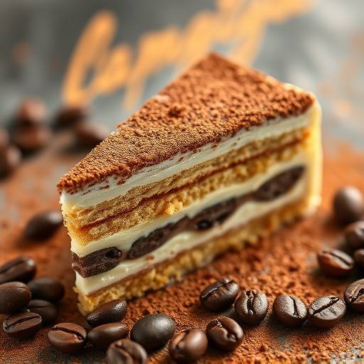 Slice of Tiramisu with cocoa powder dusting and coffee beans.