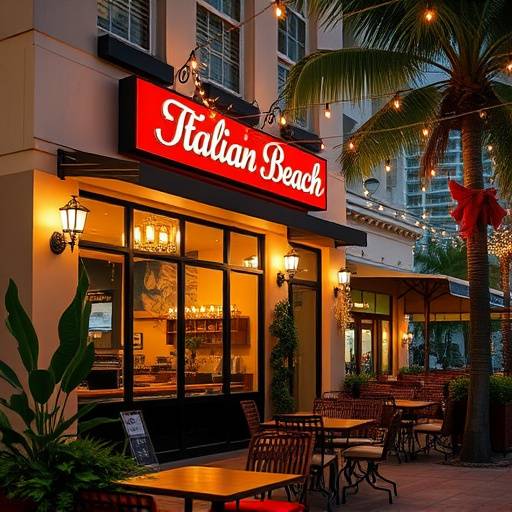 The exterior of Gastronomia Italiana in Miami Beach with outdoor seating and string lights.