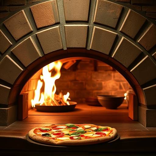 Traditional wood-fired pizza oven at Gastronomia Italiana with flames visible.